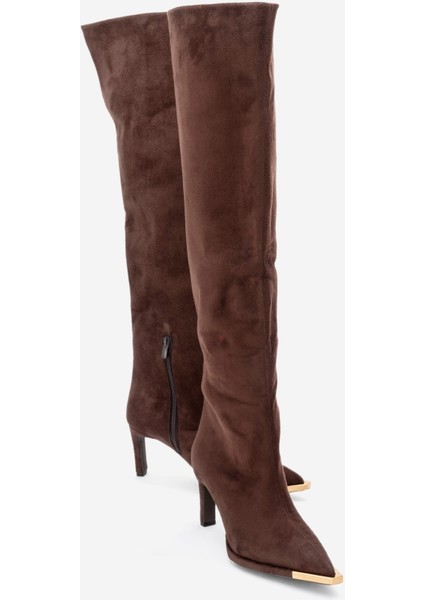 Vody Kahverengi Süet Dizüstü Fermuarlı Kadın Topuklu Çizme