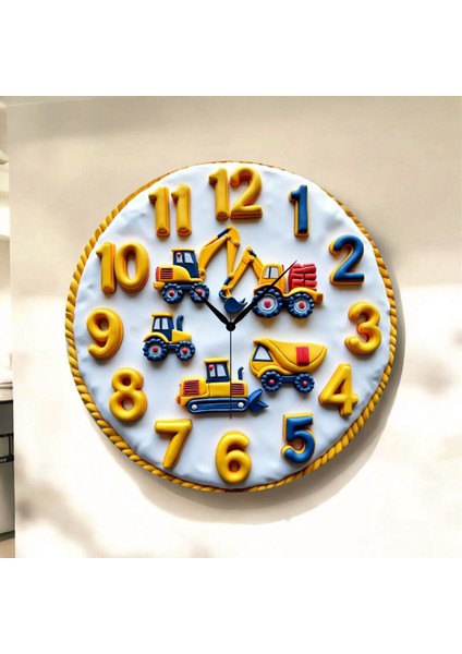 Çocuk Araba Iş Makina Renkli Baskı Desenli Sayılı Hediyelik Ahşap Sessiz Tablo Duvar Saati