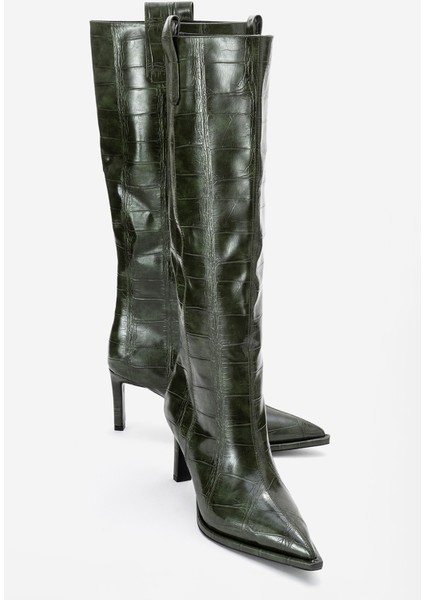 Lunelle Yeşil Baskı Sivri Burunlu Kadın Topuklu Çizme