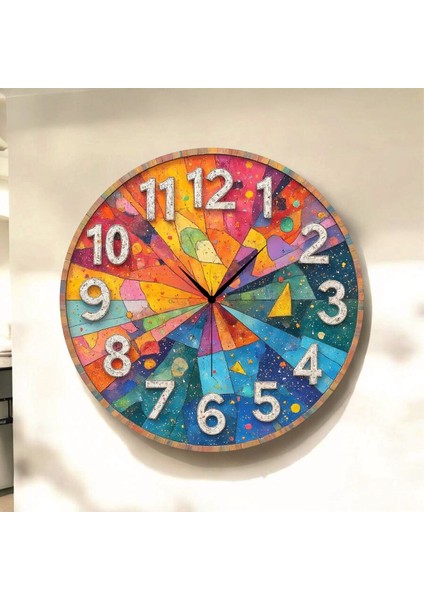 Renkli Baskı Desenli Sayılı Hediyelik Ahşap Sessiz Tablo Duvar Saati