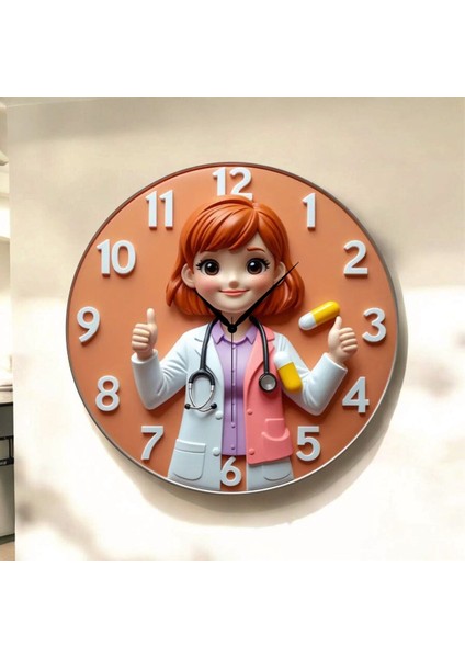 Doktor Hemşire Eczacı Renkli Baskı Desenli Sayılı Hediyelik Ahşap Sessiz Tablo Duvar Saati