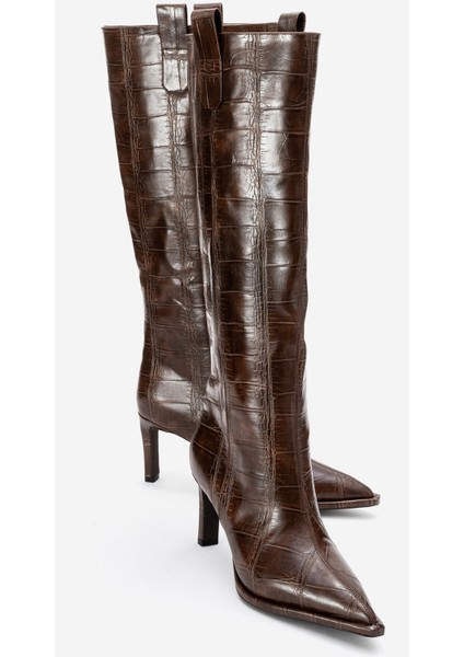 Lunelle Kahverengi Baskı Sivri Burunlu Kadın Topuklu Çizme