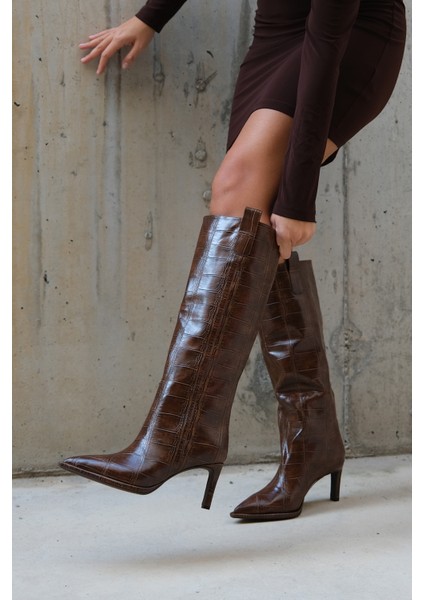 Lunelle Kahverengi Baskı Sivri Burunlu Kadın Topuklu Çizme fiyatları