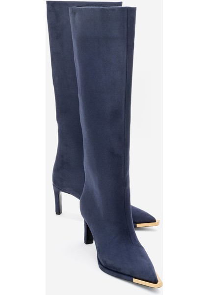 Lexa Lacivert Süet Altın Detaylı Sivri Burunlu Kadın Topuklu Çizme