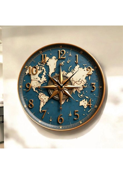 Rota Pusula Dünya Harita Renkli Baskı Desenli Sayılı Hediyelik Ahşap Sessiz Tablo Duvar Saati