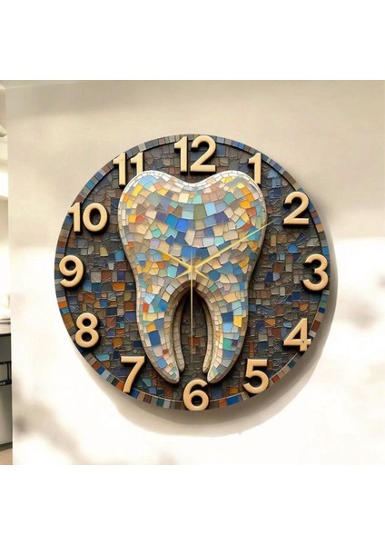 Diş Dişçi Renkli Baskı Desenli Sayılı Hediyelik Ahşap Sessiz Tablo Duvar Saati