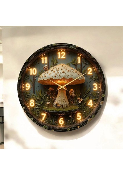 Mantar Renkli Baskı Desenli Sayılı Hediyelik Ahşap Sessiz Tablo Duvar Saati