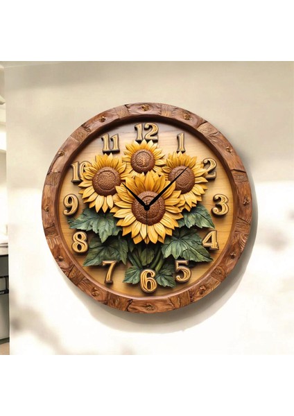 Çiçek Renkli Baskı Desenli Sayılı Hediyelik Ahşap Sessiz Tablo Duvar Saati
