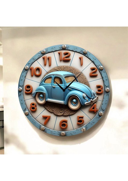 Araba Çocuk Renkli Baskı Desenli Sayılı Hediyelik Ahşap Sessiz Tablo Duvar Saati