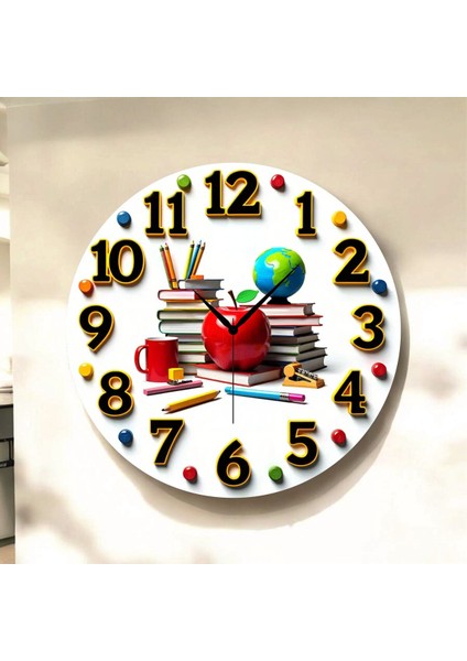 Kitap Öğretmen Renkli Baskı Desenli Sayılı Hediyelik Ahşap Sessiz Tablo Duvar Saati