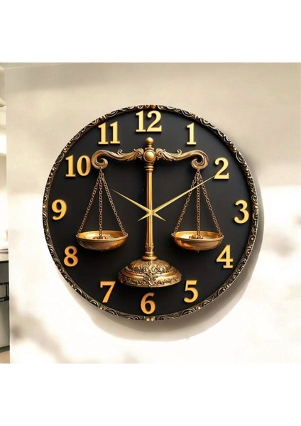 Terazi Adalet Avukat Renkli Baskı Desenli Sayılı Hediyelik Ahşap Sessiz Tablo Duvar Saati