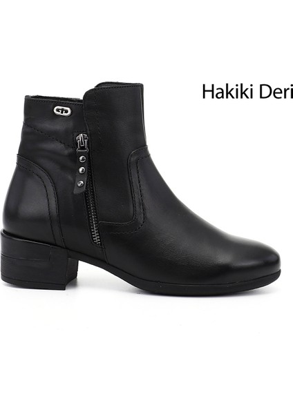 Kadın Siyah Fermuarlı Kalın Topuklu Hakiki Deri Bot