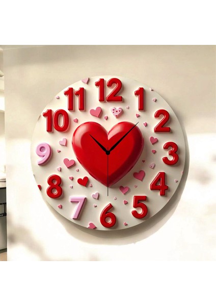 Kalp Renkli Baskı Desenli Sayılı Hediyelik Ahşap Sessiz Tablo Duvar Saati