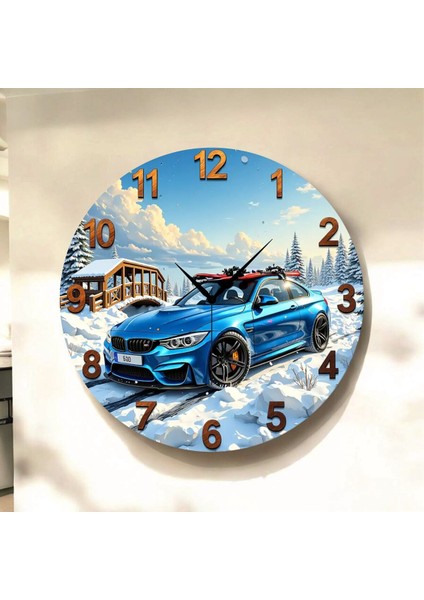 Araba Kar Doğa Renkli Baskı Desenli Sayılı Hediyelik Ahşap Sessiz Tablo Duvar Saati