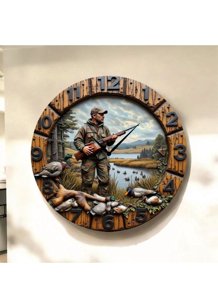 Av Avcı Renkli Baskı Desenli Sayılı Hediyelik Ahşap Sessiz Tablo Duvar Saati