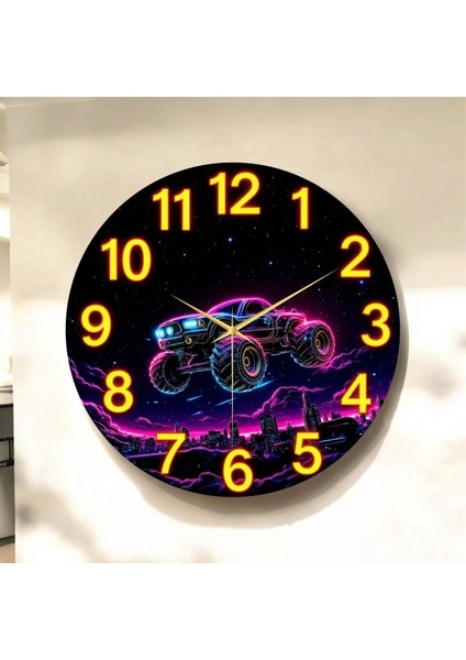 Araba Renkli Baskı Desenli Sayılı Hediyelik Ahşap Sessiz Tablo Duvar Saati