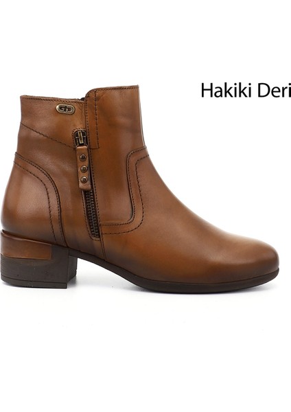 Kadın Taba Antik Fermuarlı Kalın Topuklu Hakiki Deri Bot