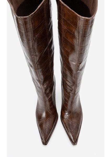 Lunelle Kahverengi Baskı Sivri Burunlu Kadın Topuklu Çizme modelleri