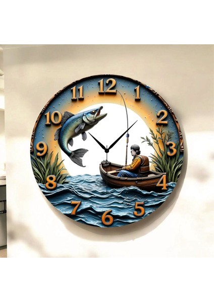 Balık Avcı Renkli Baskı Desenli Sayılı Hediyelik Ahşap Sessiz Tablo Duvar Saati