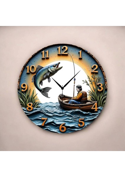 Balık Avcı Renkli Baskı Desenli Sayılı Hediyelik Ahşap Sessiz Tablo Duvar Saati fiyatları