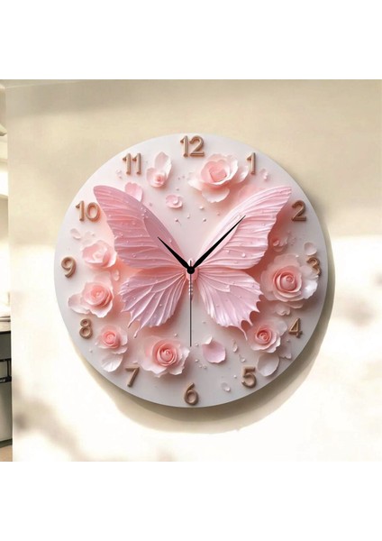Kelebek Çiçek Renkli Baskı Desenli Sayılı Hediyelik Ahşap Sessiz Tablo Duvar Saati