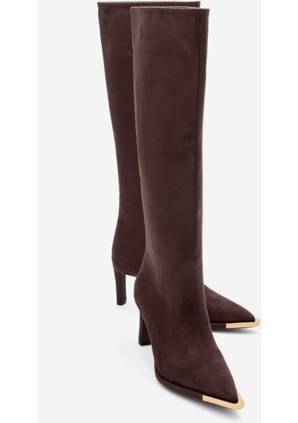 Lexa Kahverengi Süet Altın Detaylı Sivri Burunlu Kadın Topuklu Çizme