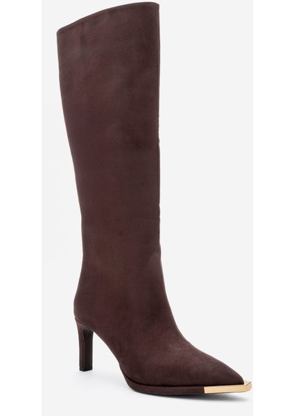 Lexa Kahverengi Süet Altın Detaylı Sivri Burunlu Kadın Topuklu Çizme fırsatları