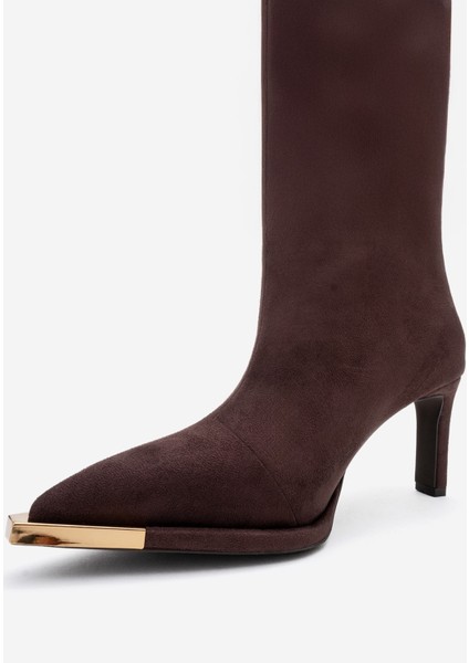 Lexa Kahverengi Süet Altın Detaylı Sivri Burunlu Kadın Topuklu Çizme indirimleri