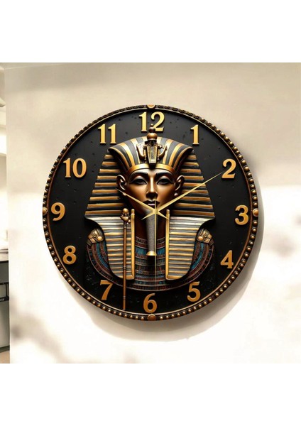 Mısır Firavun Renkli Baskı Desenli Sayılı Hediyelik Ahşap Sessiz Tablo Duvar Saati