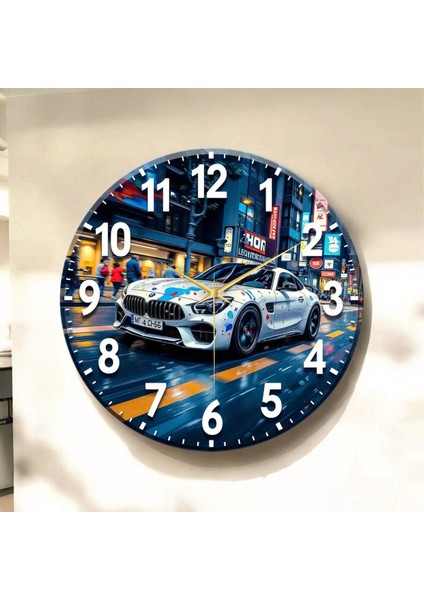 Araba Renkli Baskı Desenli Sayılı Hediyelik Ahşap Sessiz Tablo Duvar Saati