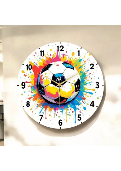 Futbol Top Renkli Baskı Desenli Sayılı Hediyelik Ahşap Sessiz Tablo Duvar Saati