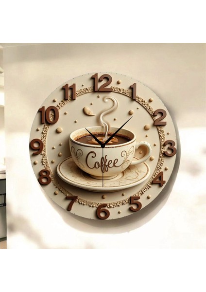 Kahve Renkli Baskı Desenli Sayılı Hediyelik Ahşap Sessiz Tablo Duvar Saati