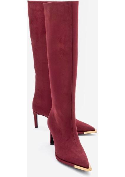 Lexa Bordo Süet Altın Detaylı Sivri Burunlu Kadın Topuklu Çizme