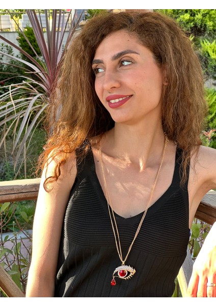 Zirkon Taş Işleme Ağlayan Göz Kadın Kolye 40 cm