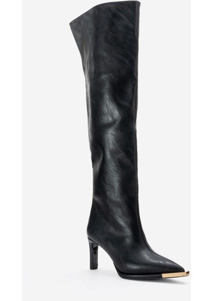 Vody Siyah Cilt Dizüstü Fermuarlı Kadın Topuklu Çizme modelleri