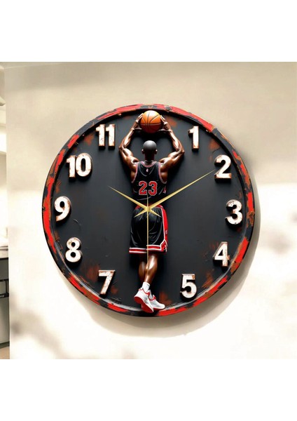 Basketbol Renkli Baskı Desenli Sayılı Hediyelik Ahşap Sessiz Tablo Duvar Saati