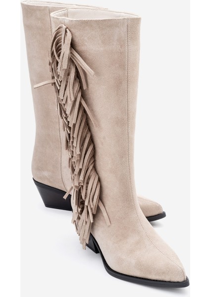 Orlo Bej Süet Hakiki Deri Püsküllü Kadın Western Çizme