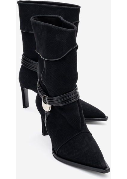 Myra Siyah Desenli Biyeli Tokalı Kadın Topuklu Bot