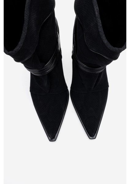 Myra Siyah Desenli Biyeli Tokalı Kadın Topuklu Bot fiyatları