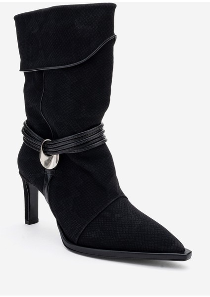 Myra Siyah Desenli Biyeli Tokalı Kadın Topuklu Bot modelleri