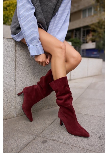 Perri Kadin Siyah Gercek Suet Yarım Astarsız Topuklu Çizme