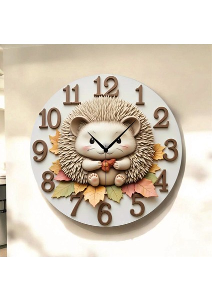 Kirpi Çocuk Renkli Baskı Desenli Sayılı Hediyelik Ahşap Sessiz Tablo Duvar Saati