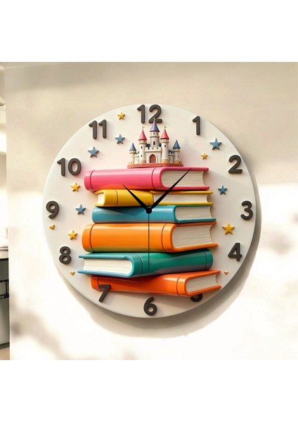 Kitap Kütüphane Öğretmen Renkli Baskı Desenli Sayılı Hediyelik Ahşap Sessiz Tablo Duvar Saati