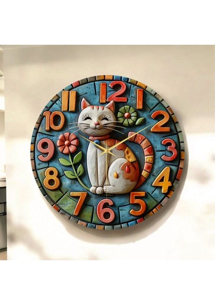 Kedi Çiçek Renkli Baskı Desenli Sayılı Hediyelik Ahşap Sessiz Tablo Duvar Saati