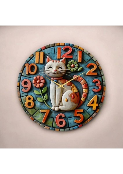 Kedi Çiçek Renkli Baskı Desenli Sayılı Hediyelik Ahşap Sessiz Tablo Duvar Saati fiyatları