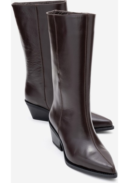 Juana Kahverengi Cilt Hakiki Deri Sivri Burunlu Kadın Çizme