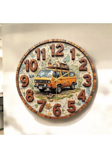 Doğa Araba Renkli Baskı Desenli Sayılı Hediyelik Ahşap Sessiz Tablo Duvar Saati