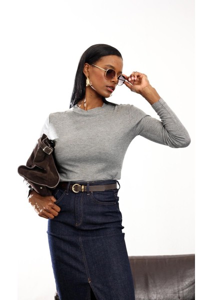 Gri Dik Yaka Uzun Kollu Tişört 17068