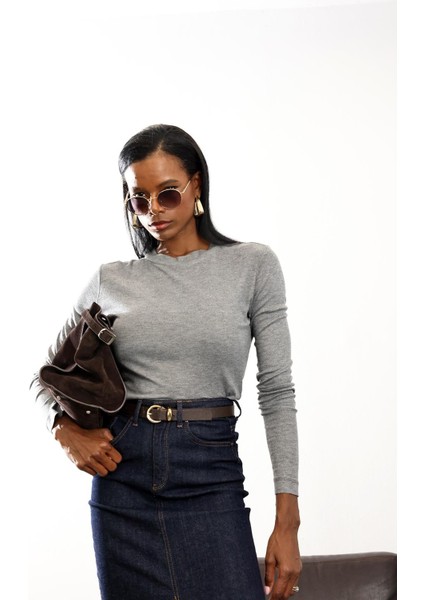 Gri Dik Yaka Uzun Kollu Tişört 17068 modelleri