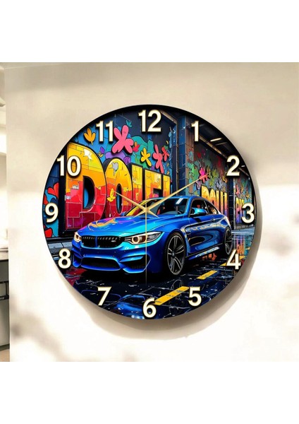 Araba Renkli Baskı Desenli Sayılı Hediyelik Ahşap Sessiz Tablo Duvar Saati